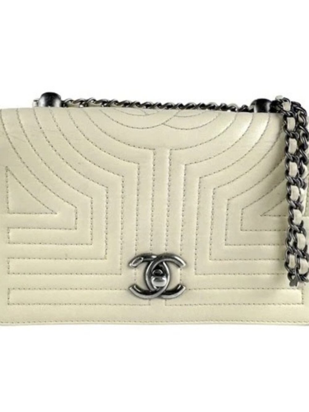 Auth CHANEL Chain Shoulder Bag Off White Leather/Metal - z8573